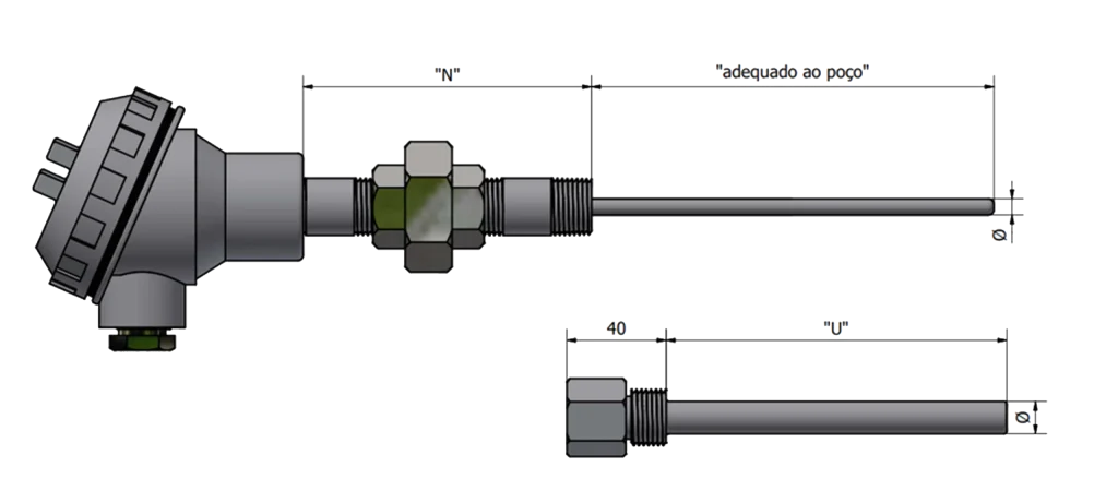 TPNR – Termopar Tipo K com cabeçote de ligação, niple união, poço de proteção usinado e rosca de fixação ao processo
